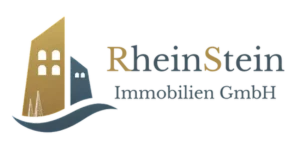 Logo der RheinStein Immobilien GmbH mit stilisierten Gebäuden, Domspitzen und Wellenlinie – Hausverwaltung aus Köln